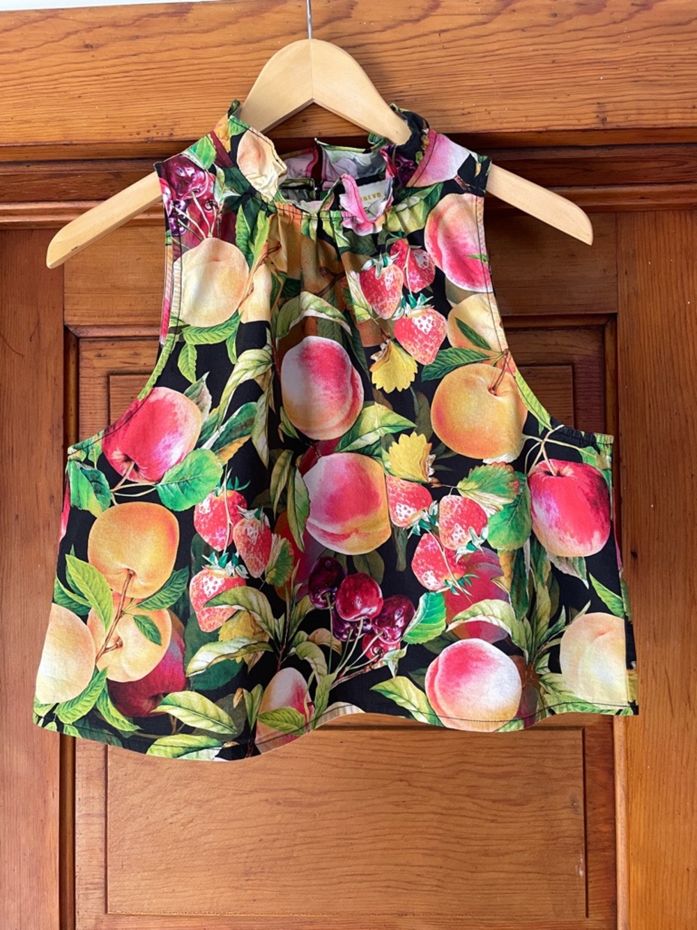 Maeve Fruit Print Cropped Halter Top - Black/Green/Peach Multicolor Size Med